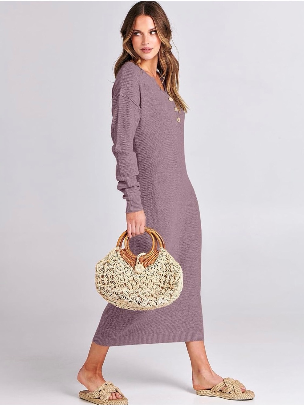 ANRABESS Women Fall Long Sleeve Waffle Knit Midi Sweater Dress Mauve Red apricot